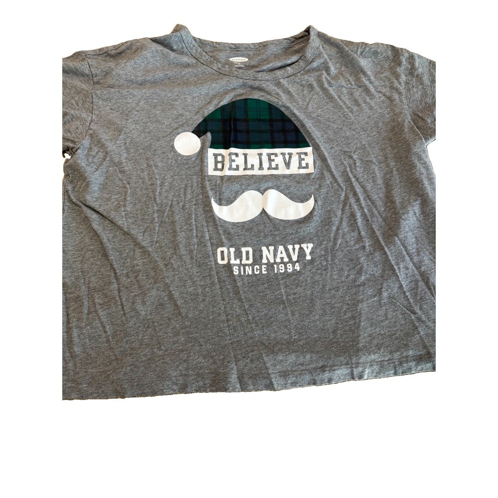 Old Navy XL Christmas Tee Believe Santa Hat Plaid Mustache Gray Easy Tee